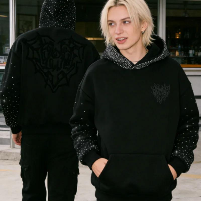 Kyn Apparel Rhinestone Embellished Hoodie Men Women Gothic Embroidery Sparkle Sleeve & Hood Pullover Fall Y2K Streetwear