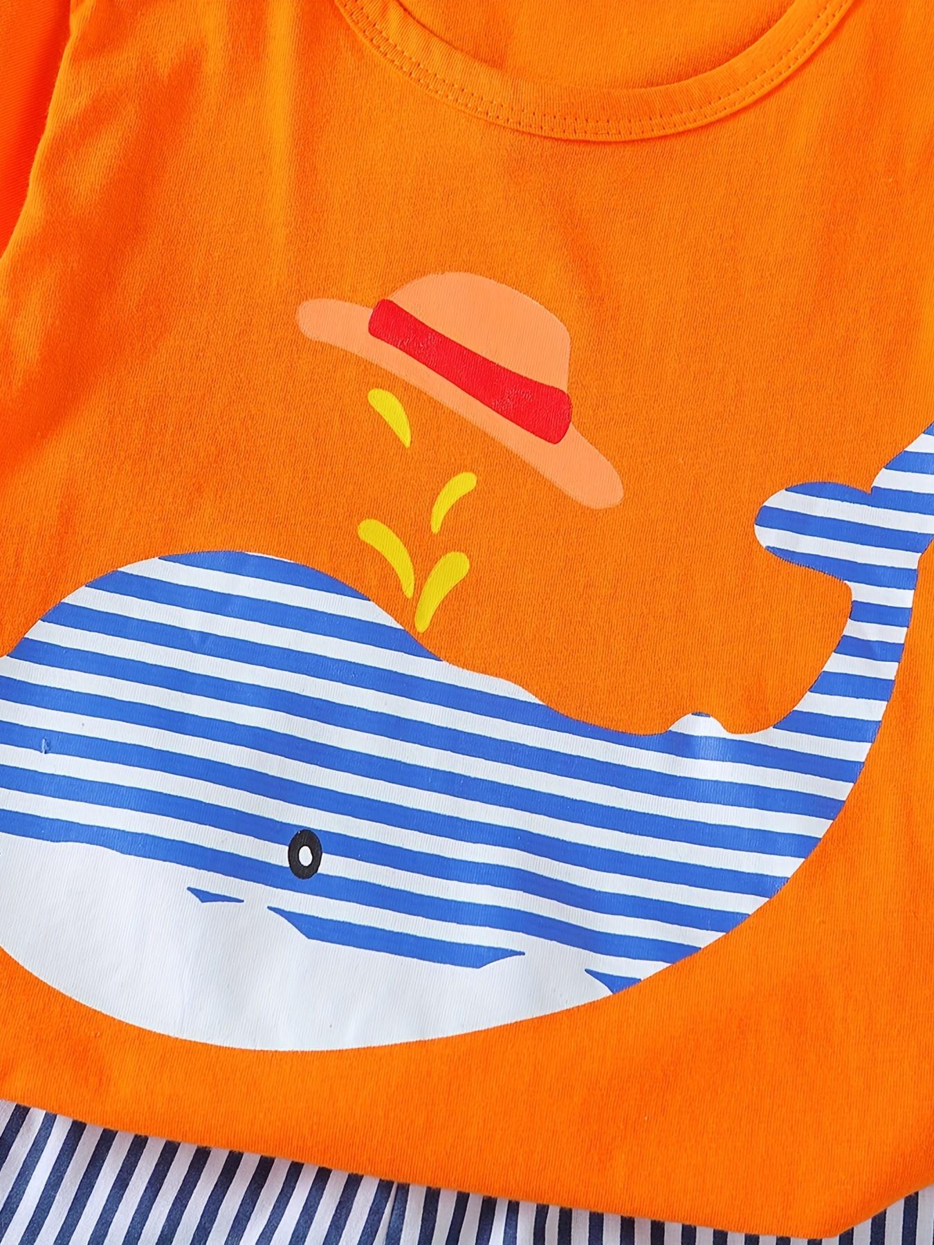 Boys' Casual Summer Outfit - Cute Cartoon Design with Whale & Hot Dog Graphic - Short Sleeve T-Shirt & Whale Shorts Set - Blue & White Striped Pattern - Regular Fit for Casual Attire - Boy Shorts - Everyday Kids Clothing - Playful Kids Fashion -