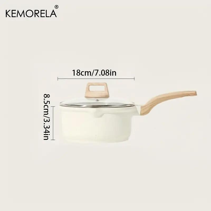 1Count Non-Stick Saucepan Set with Lid - Induction Compatible, PFOA-Free, Easy to Clean, Pour Spout, Light Beige with Wooden Handles, Ideal for Small Kitchen Cooking, Kitchen Essentials|Minimalist Kitchenware|Durable Cookware, Induction Cookware Sets