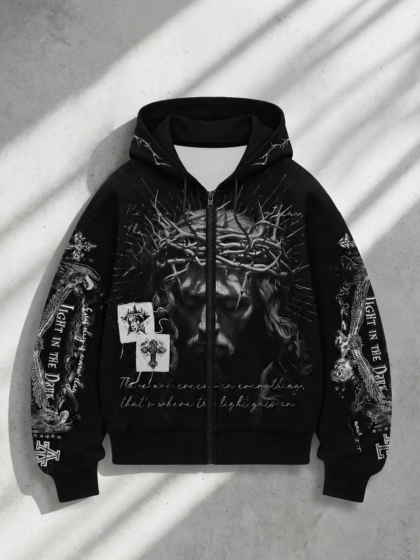 Men Zip Up Hooded Jacket, Jesus Crown Of Thorns Full Print Graphic Zip Hoodie, Gothic Vintage Streetwear Coat, men clothing, menswear clothing, accessories for men, ropa caballero hombre, Suitable For Daily Casual Street Fashion Outfits