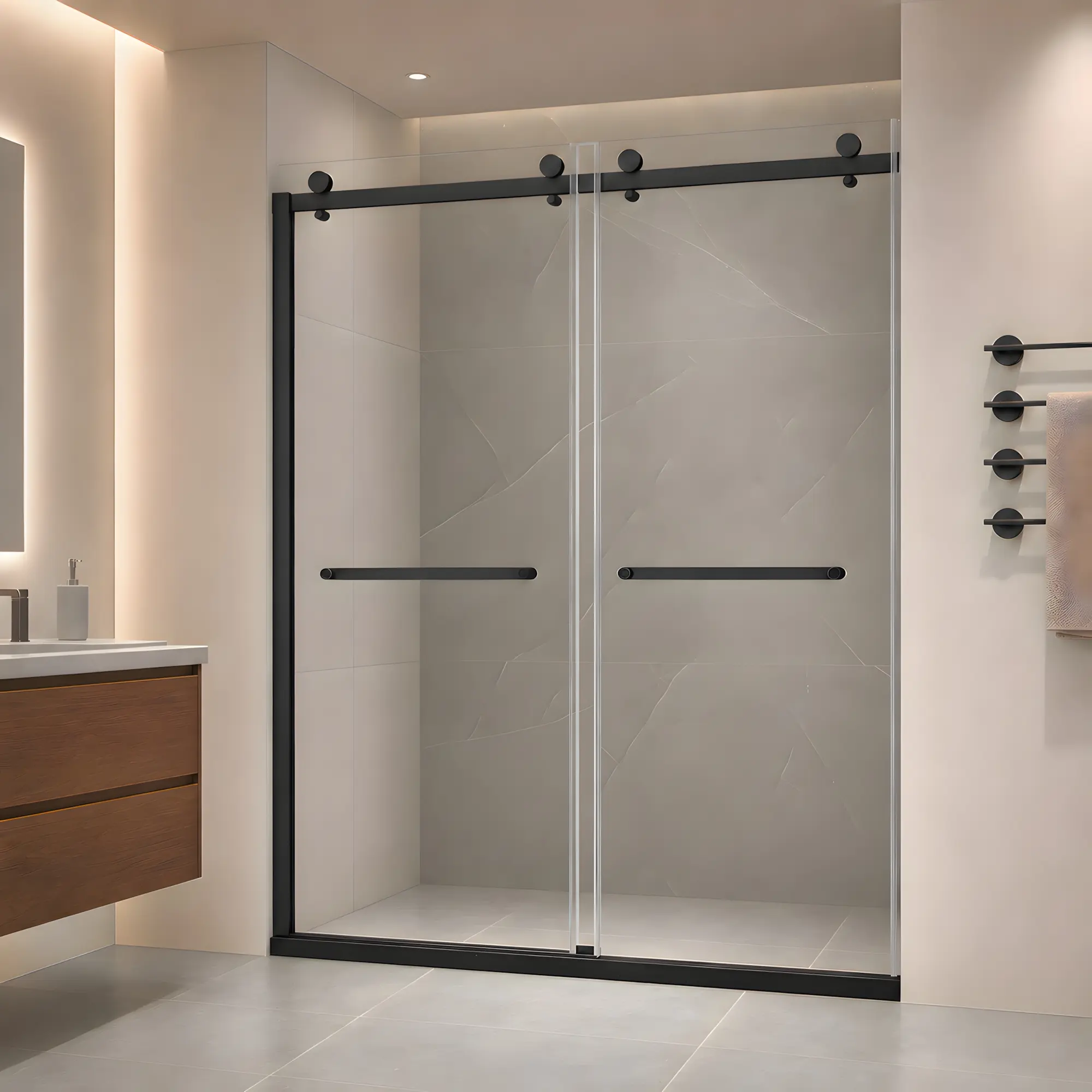 Nokaa 60"W x 74"H Double Sliding Frameless Shower Door, 8mm Clear Tempered Glass, Matte Black Finish, Modern Bathroom Enclosure, Smooth Gliding Track, Easy Clean, 60x74 Inch, 1 Pack, Bathroom Shower Door for Bathtub, Shower Room, Glass Shower Screen