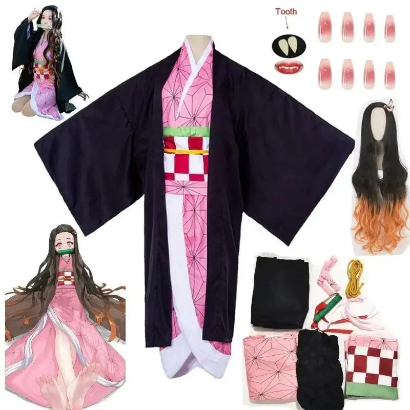 Kamado Nezuko Faithful Anime Cosplay Costume Set - Women's Kimono with Large Sleeves, Wig, Kids' Uniform Option for Halloween
