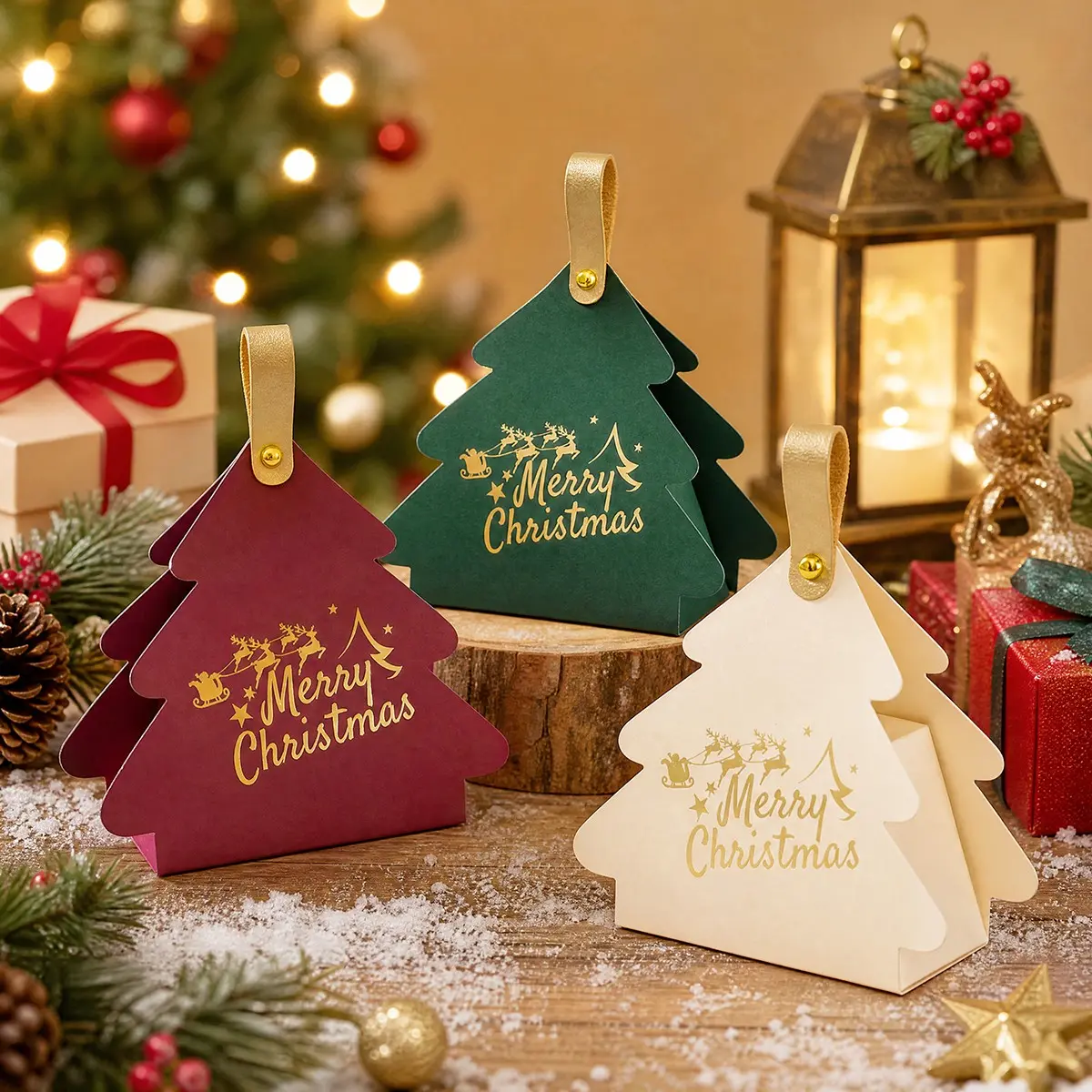 Christmas Tree Gift Box Set of 12, Eco-Friendly Special Paper Gold Foil Handbag Gift Boxes, Christmas Party Small Decorative Gift Packaging