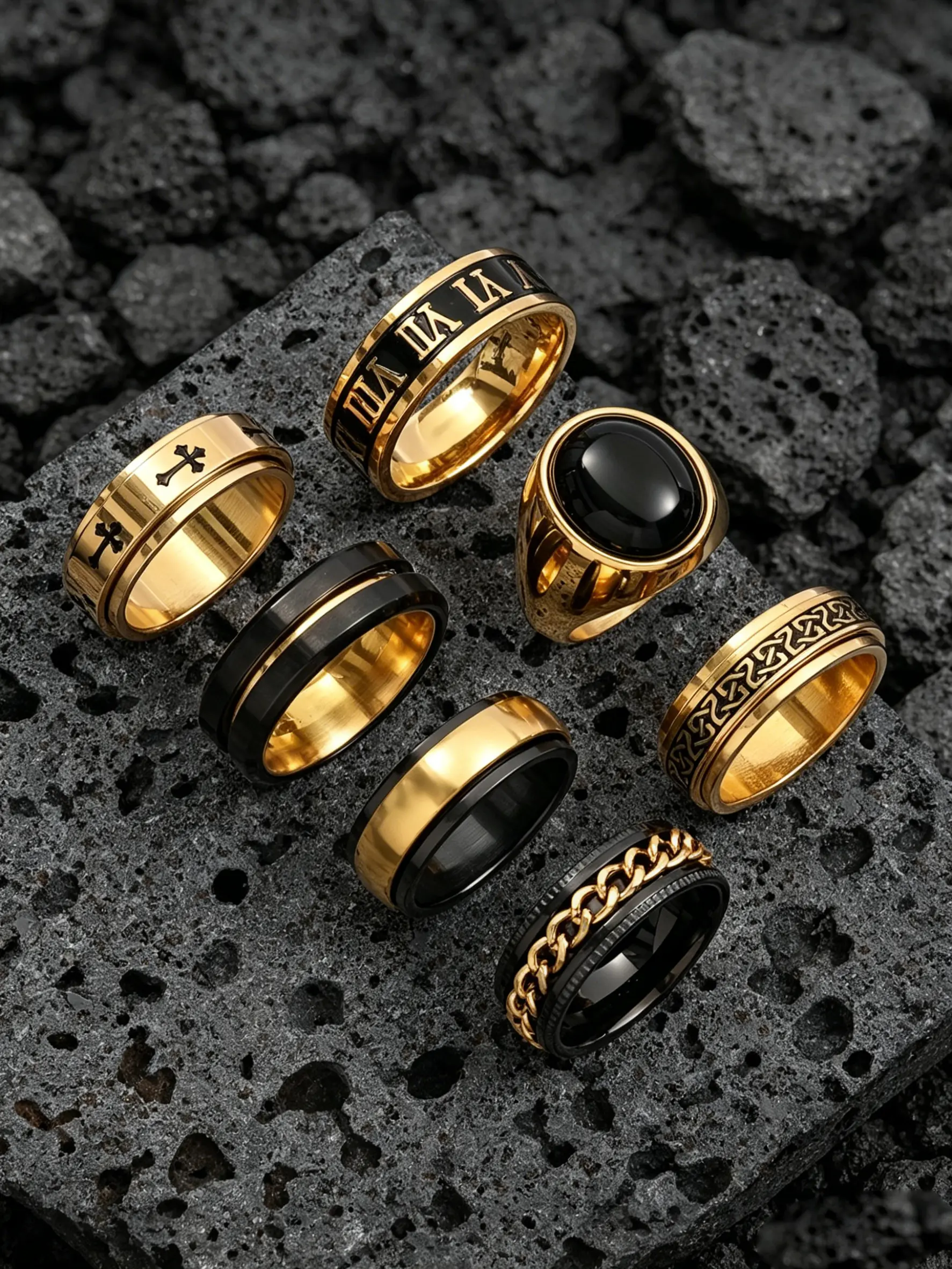 7pcs Multi Tone Gold Silver Black Stainless Steel Spinner Fidget Rings For Men, Cross Celtic Knot Chain Roman Numeral Natural Tiger Eye Black Stone Wide Band, Luminous Inlay Anxiety Relief Wedding Signet Band, Hypoallergenic Tarnish Resistant