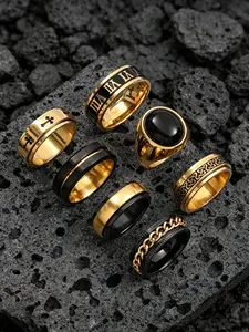 7pcs Multi Tone Gold Silver Black Stainless Steel Spinner Fidget Rings For Men, Cross Celtic Knot Chain Roman Numeral Natural Tiger Eye Black Stone Wide Band, Luminous Inlay Anxiety Relief Wedding Signet Band, Hypoallergenic Tarnish Resistant