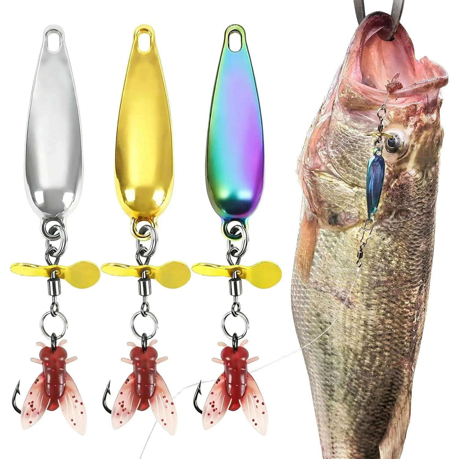 15 Pcs Hand-Tied Reflective Spoon Lures for Fishing, Spinnerbaits Kit for Freshwater Saltwater Bass Trout Pike Salmon Walleye, Outdoor Angling Gear