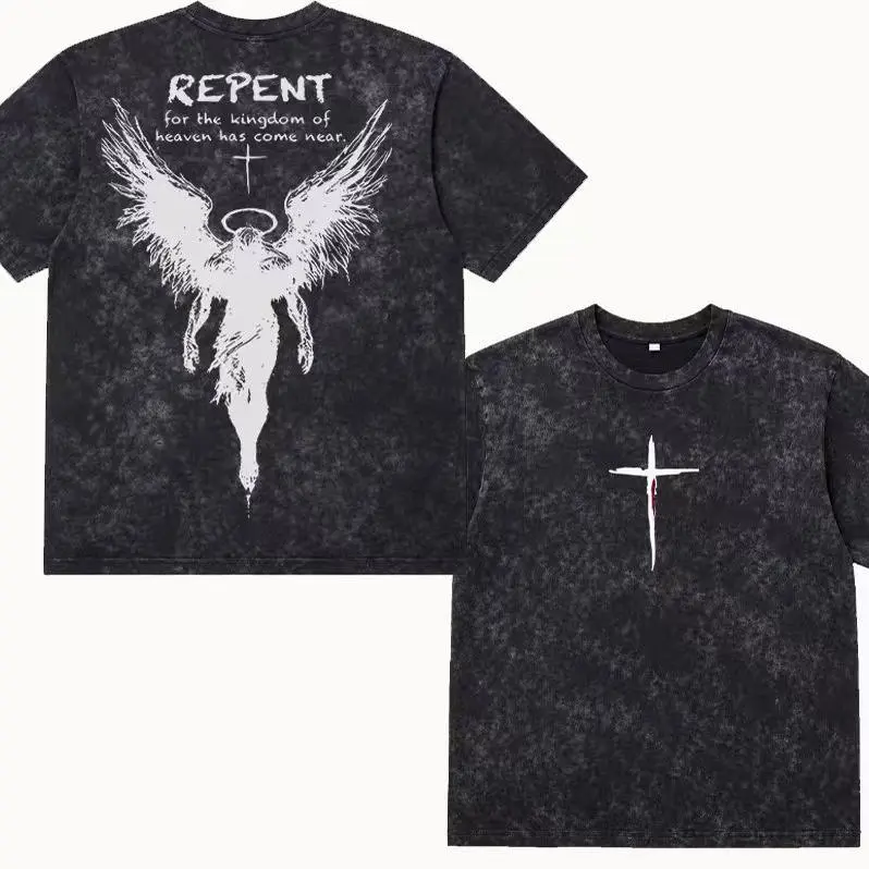 Unisex Vintage Washed Oversized Christian Aesthetic T-Shirt - Heavy  Short-Sleeve Drape Top, Angel Wings Faith Graphic, "Kingdom of Heaven Has Come Near" Gospel Casual Streetwear Worship Tee, Tshirt, Shortsleeve, Boxy, Retro Faith Style, Day, Everyday