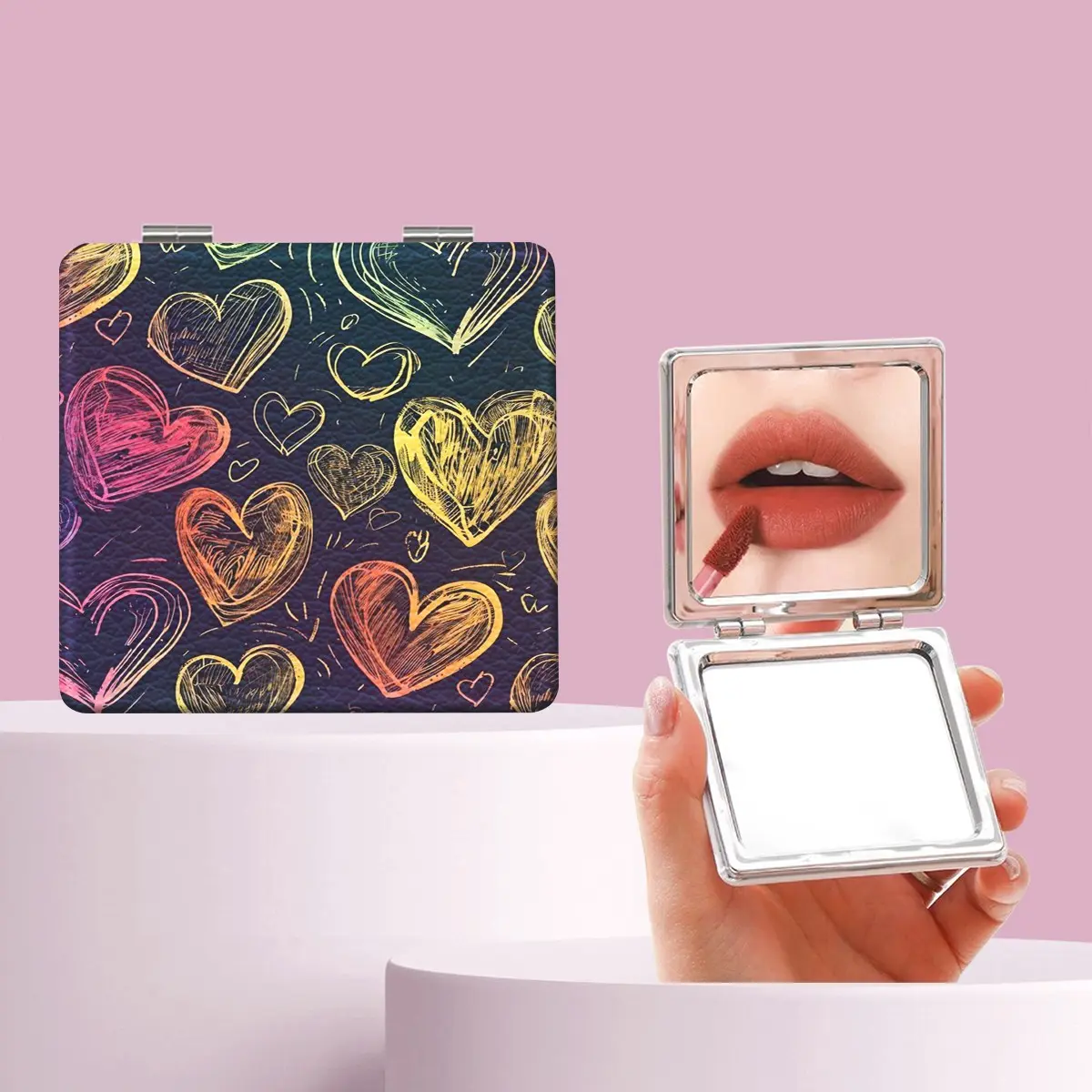 Millennium Y2K Graffiti Heart Makeup Mirror, Portable Folding Mini Handheld Mirror, Perfect Gift for Friends and Family