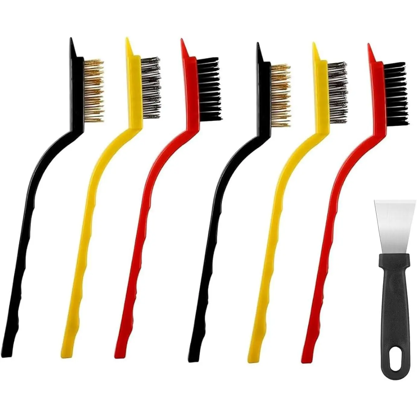 Crevice Cleaning Brush, Nylon, Brass, Small Metal Wire Brush with Curved Handle Grip for Rust, Dirt  Cleaning,  and Stain (Yellow, Red, Black, 7 Pack)