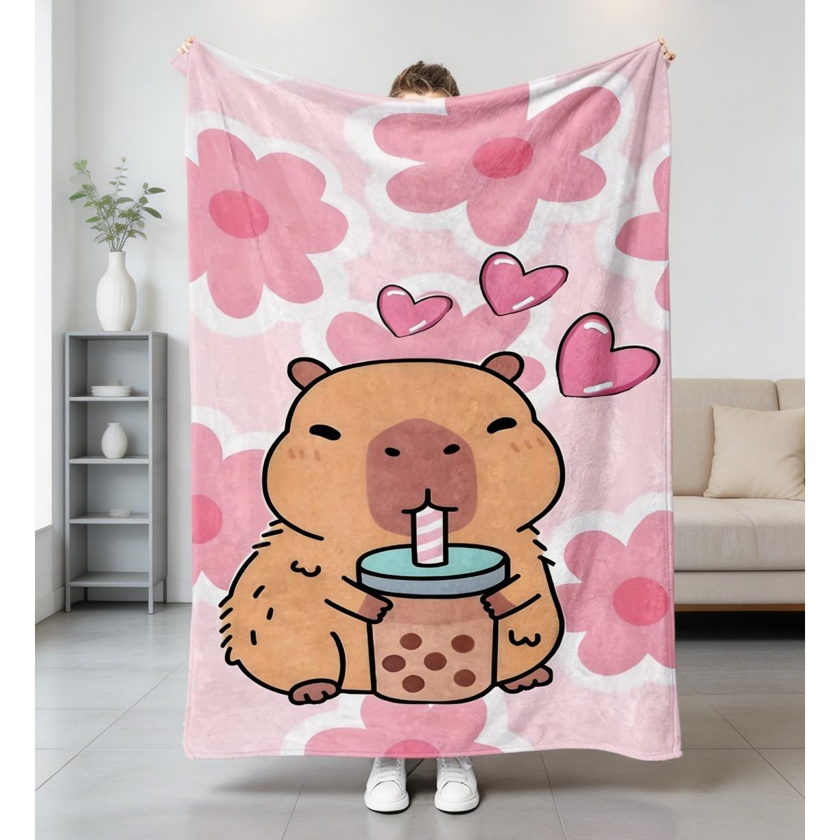 Capybara Bubble Tea Flannel Blanket, Cute Pink Floral Heart Throw Blanket, Soft Cozy Plush Blanket for Sofa Living Room, Food Themed Gift