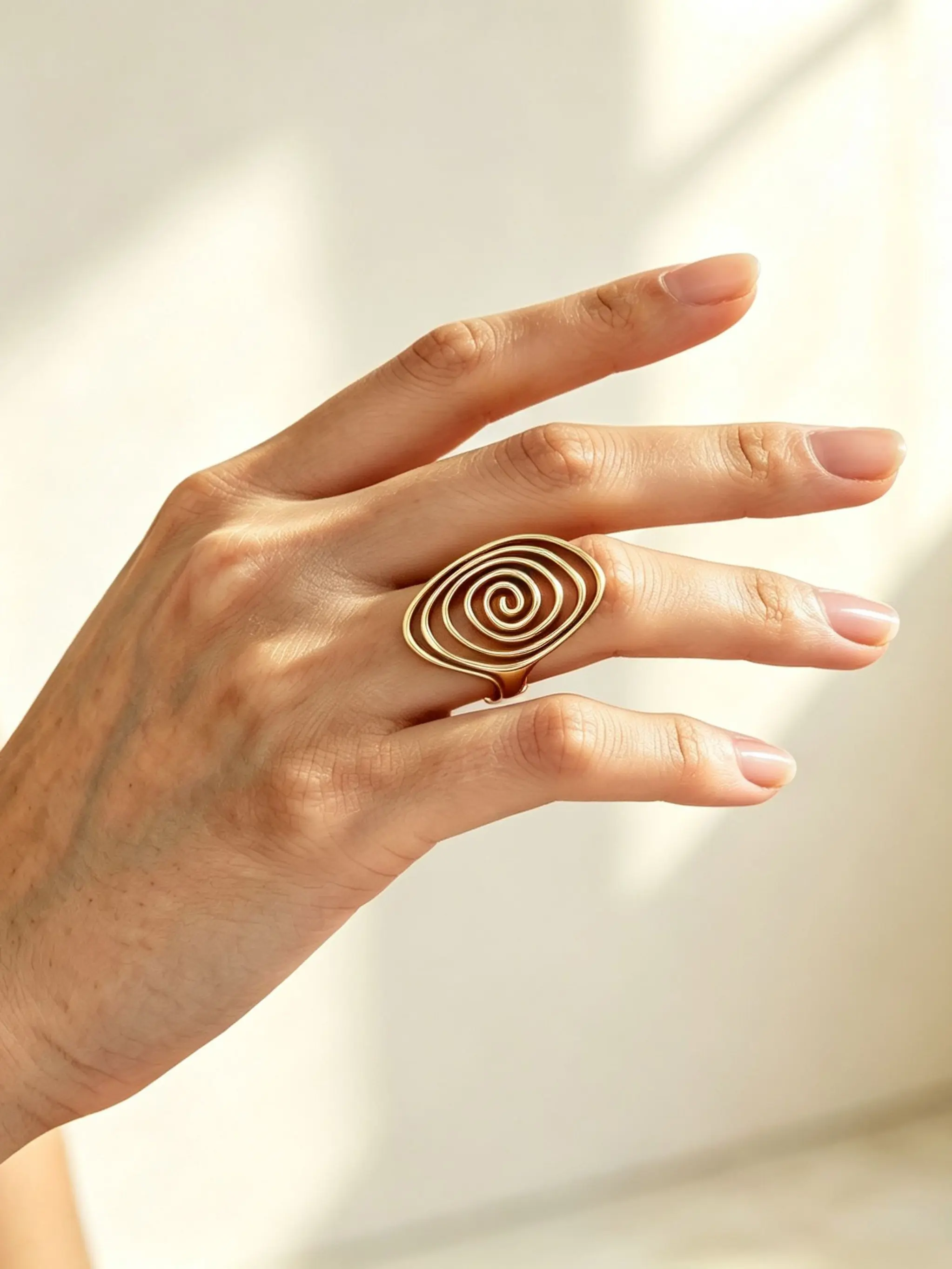 Geometric Spiral Open Ring for Women, Stainless Steel Electroplated Statement Ring, Vintage Trendy Metal Band, Daily Wear Jewelry, Gift for Her
