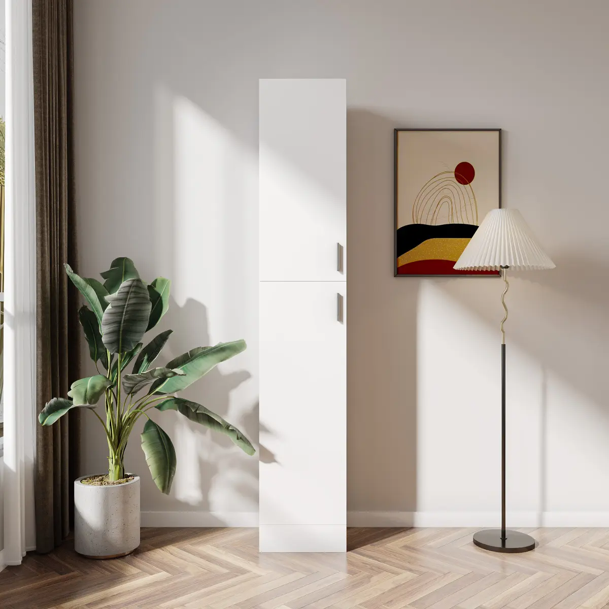 13.78*11.50*74.80 Inch White Freestanding 2-Door Kitchen Pantry Storage Cabinet 3 Fixed Shelves Melamine 15mm Particle Board 3mm MDF Back Panel Waterproof Tall Bookcase for Kitchen Living Study, Pantry Cabinet Organization, Easy-Care, Elegant All-White Mi