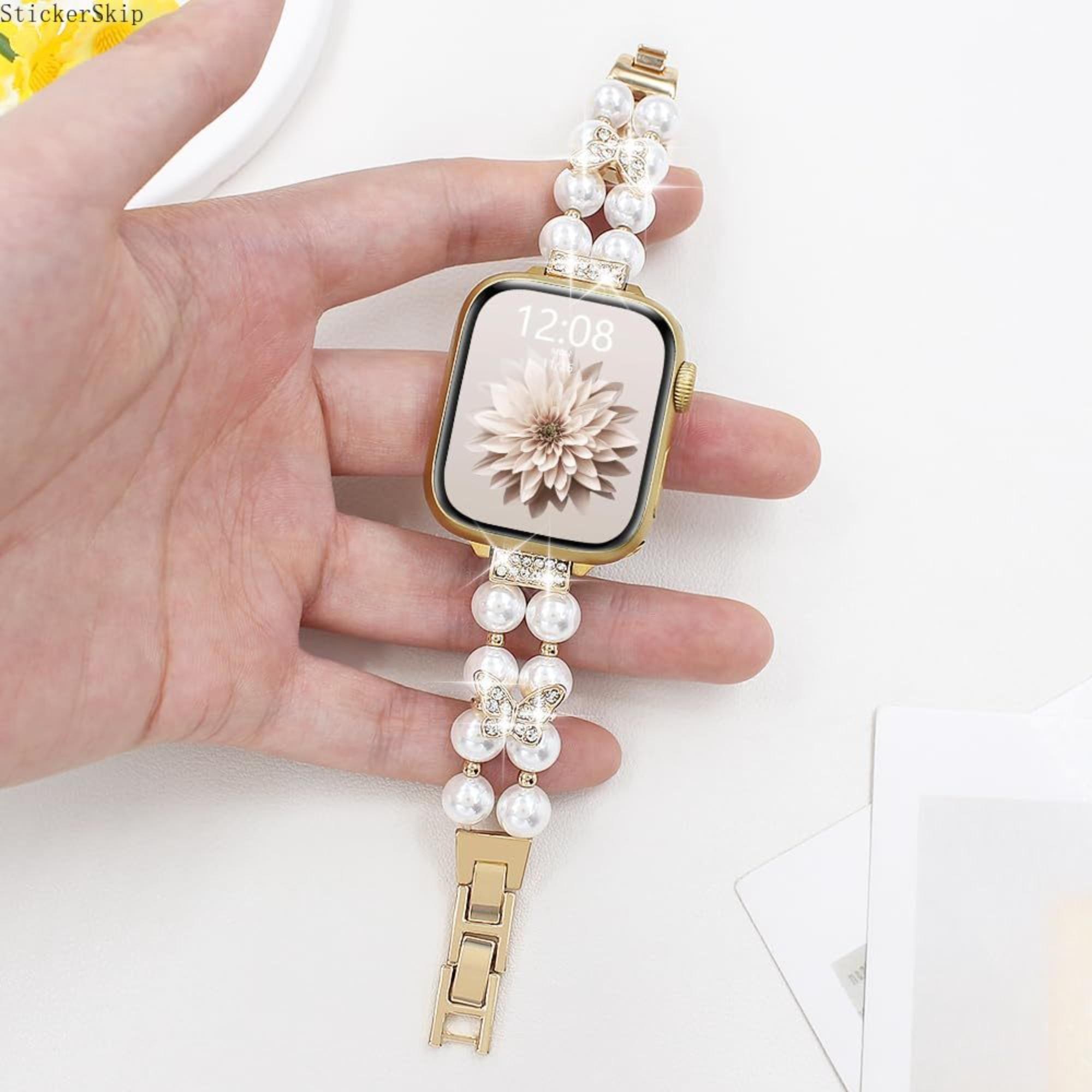 2026 NEW Elegant Pearl Beaded Apple Watch Band for Women – Elastic Stretch Bracelet Strap with Rhinestone Bling, Compatible with 38–49mm Series 4–11, SE & Ultra, Jewelry Wristband for Party, Wedding & Gift