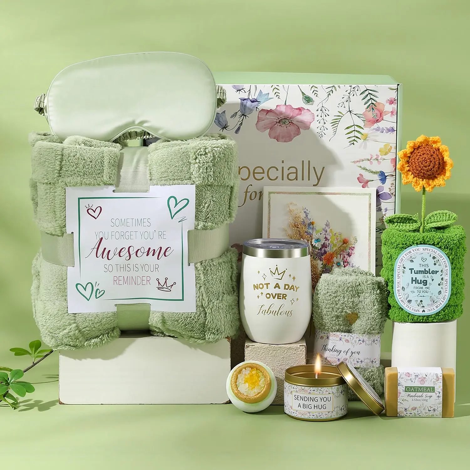 1 Set Green Gift Box Set, including fluffy blanket, silk eye mask, insulated tumbler, crocheted sunflower decor, towel, scented candle, bath bomb, soap, socks and greeting card, birthday and holiday gifts for women