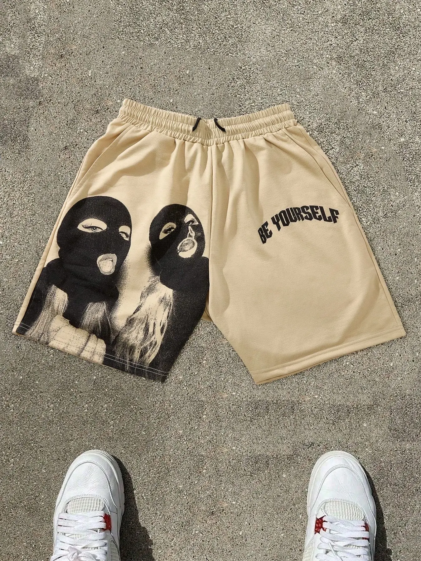 Women Beige Loose Sweat Shorts Elastic Waist Drawstring Balaclava Lady Portrait & BE YOURSELF Letter Print Side Pockets Hip Hop Streetwear Knee Length Shorts