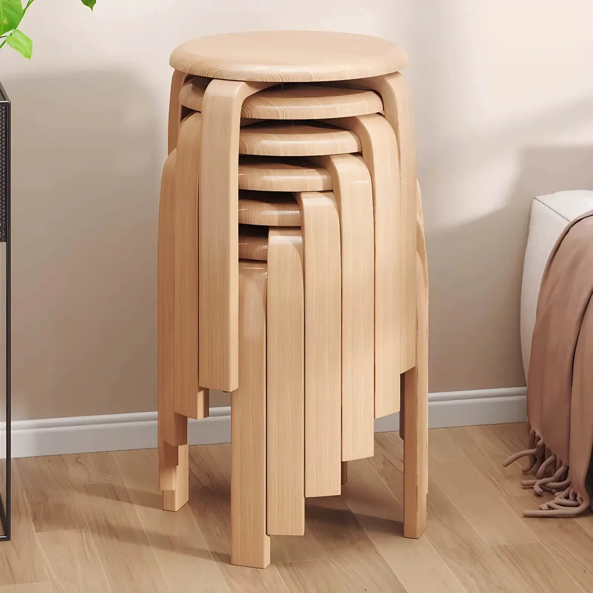 Stackable Bentwood Stool Set of 6, 18" Round Stacking Backless Nesting Stools, Anti-Slip Felt Pad,School Chairs, Suitable for classrooms, Dining Rooms, Kitchens, Natural