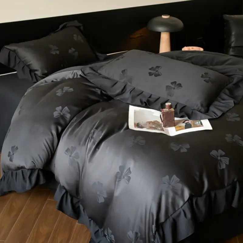 3-piece Korean ruffle bow tie jacquard bedding quilt cover set, including 1pc duvet cover + 2pcs pillowcases (without comforter and pillow insert), Single, Twin, Double, Queen size, suitable for all seasons, machine washable