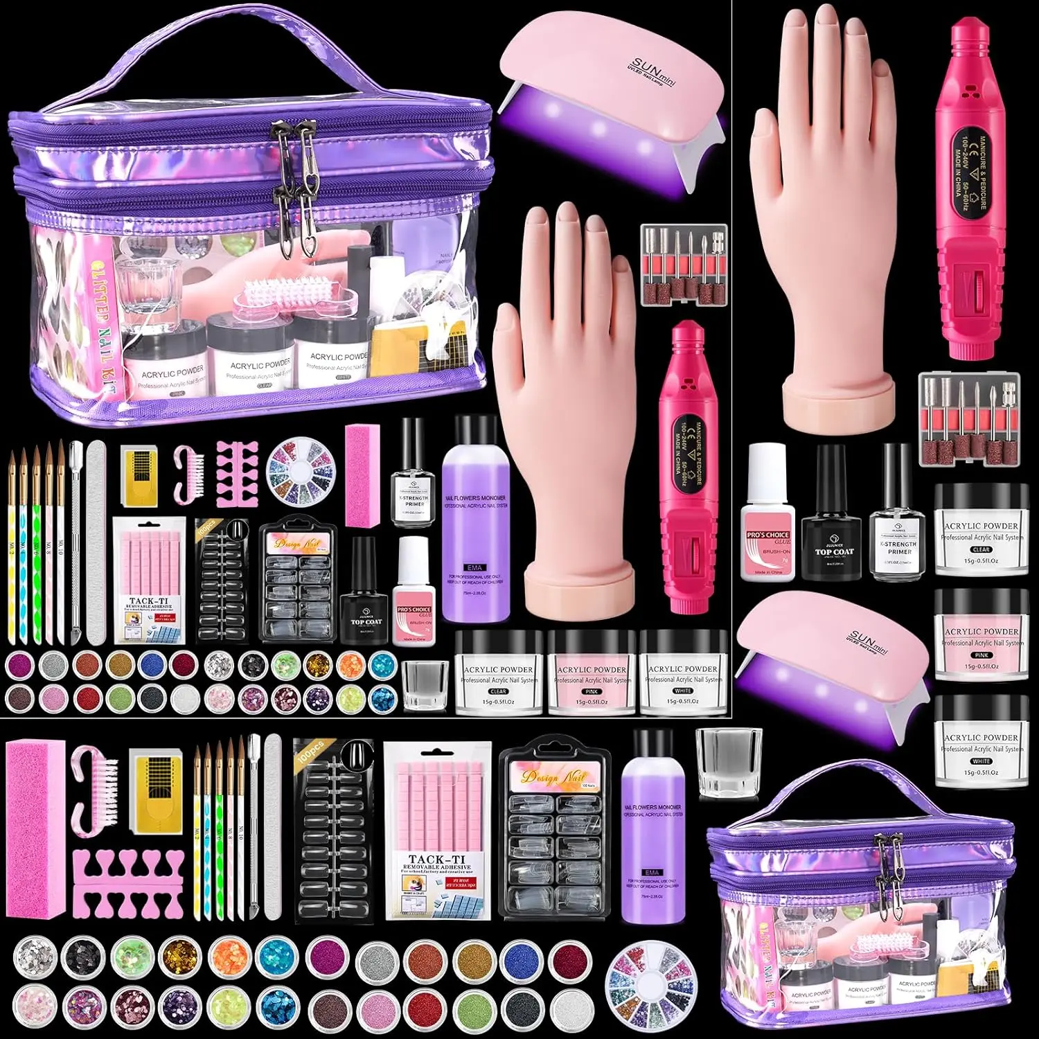 Nail Kit for Beginners with Everything: Professional Monomer Acrylic Nail Liquid Powder Set with Practice Hand Drill V Light in Cosmetic Bag for Women Salon Home(Purple)