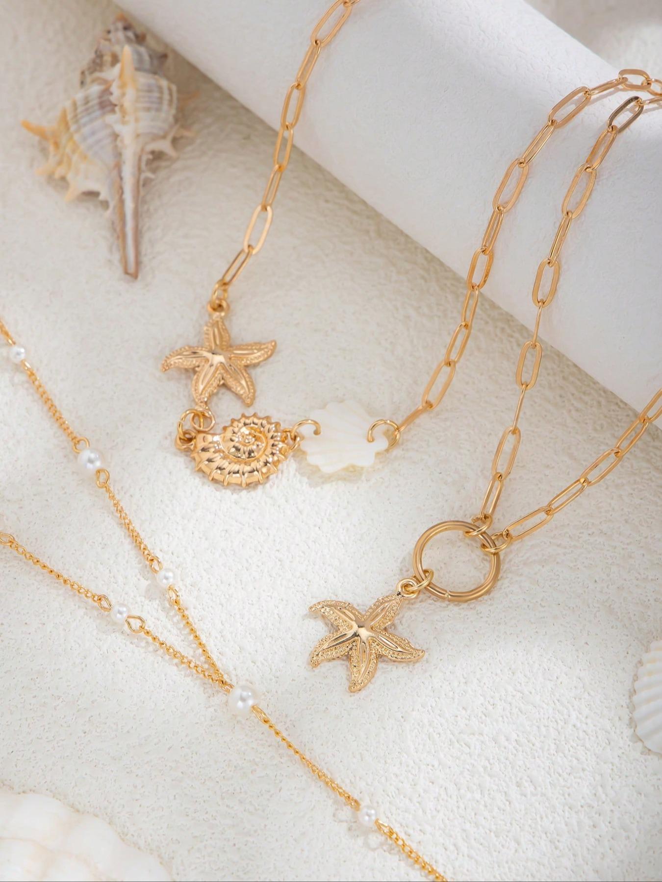 3-Piece Bohemian Style Metal Starfish and Seashell Pendant Necklace, Vintage Elegant Fashion Imitation Pearl Y-Shape Necklace Set for Women, Daily and Vacation Jewelry, Exquisite Chain Jewelry