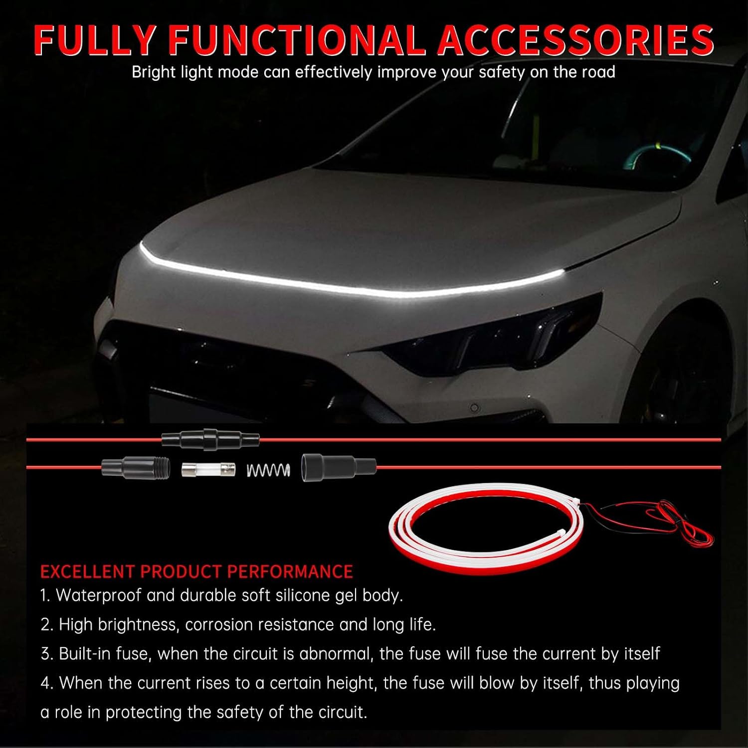 71" Dynamic LED Hood Light Strip,Waterproof Flexible Car Accessories with Startup Scan Effect & Fuse Protector ,Universal Fit for Cars,Trucks/SUVs, Cool White Exterior Lighting Gift for Men