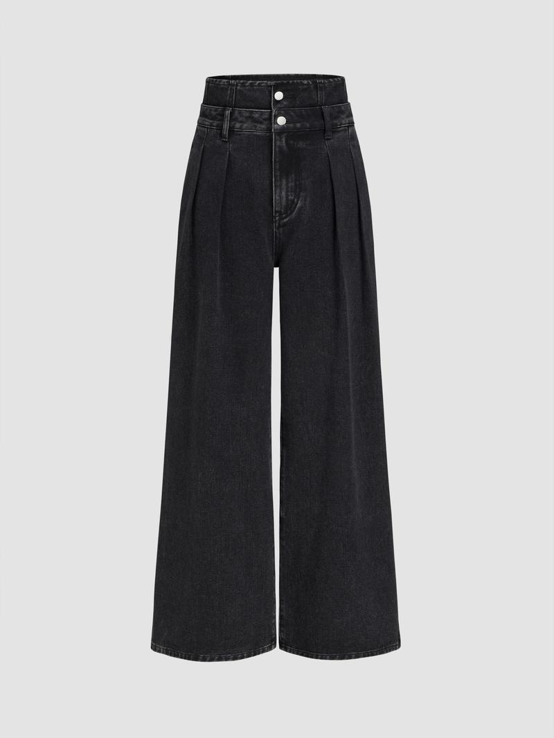 Cider Double Waist Solid Button Wide Leg Jeans