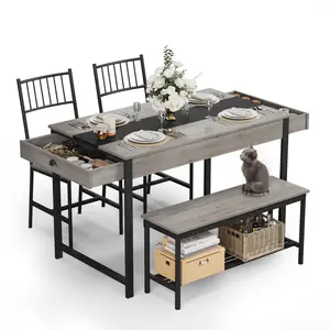 4-Person Farmhouse Dining Set, Space-Saving Table with 2 Chairs & Bench, Storage Rack & Drawers, Rectangular for Kitchen/Breakfast Nook