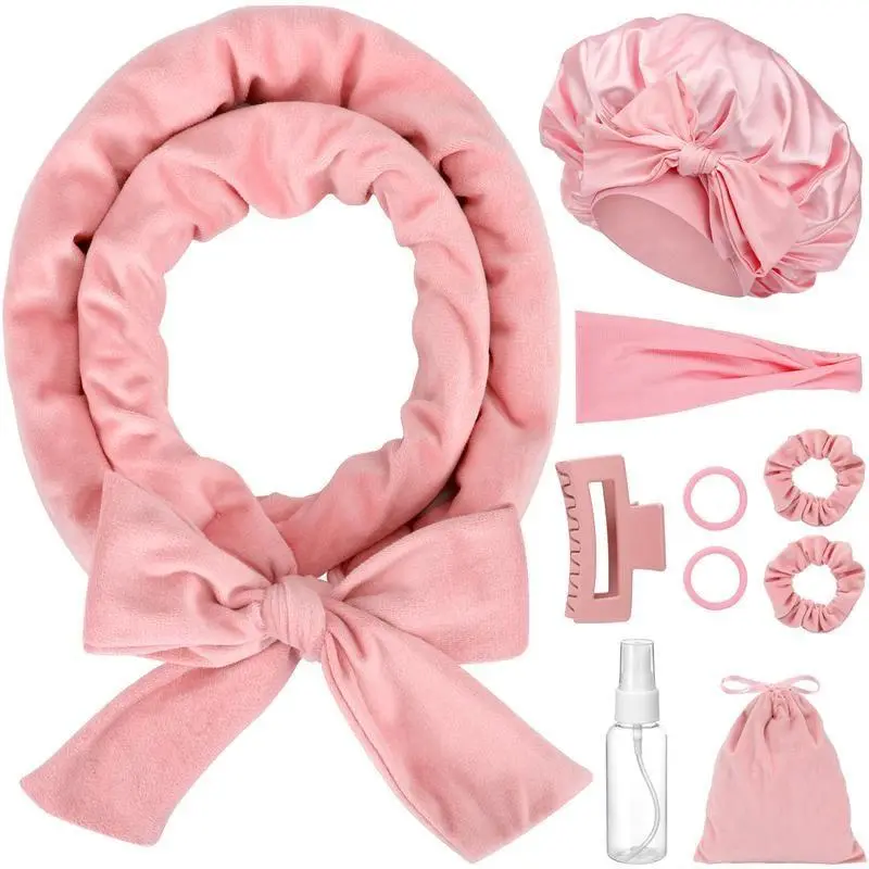 Women's Heatless Hair Curlers Set - 10PCS Overnight Curl Rods with Upgraded Length, Easy-to-Use Styling Tool with Headband & Bonnet, Pink No Heat Curls for Healthy Natural Waves (Festive Gift, Home Use)