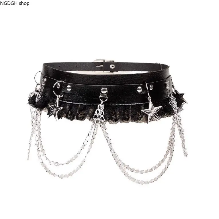 Gothic Star Chain Waist Harness, Faux‑Leather Lace Trim Body Belt, Adjustable Rivet Decor Strap for Rave Party Cosplay Club Outfits