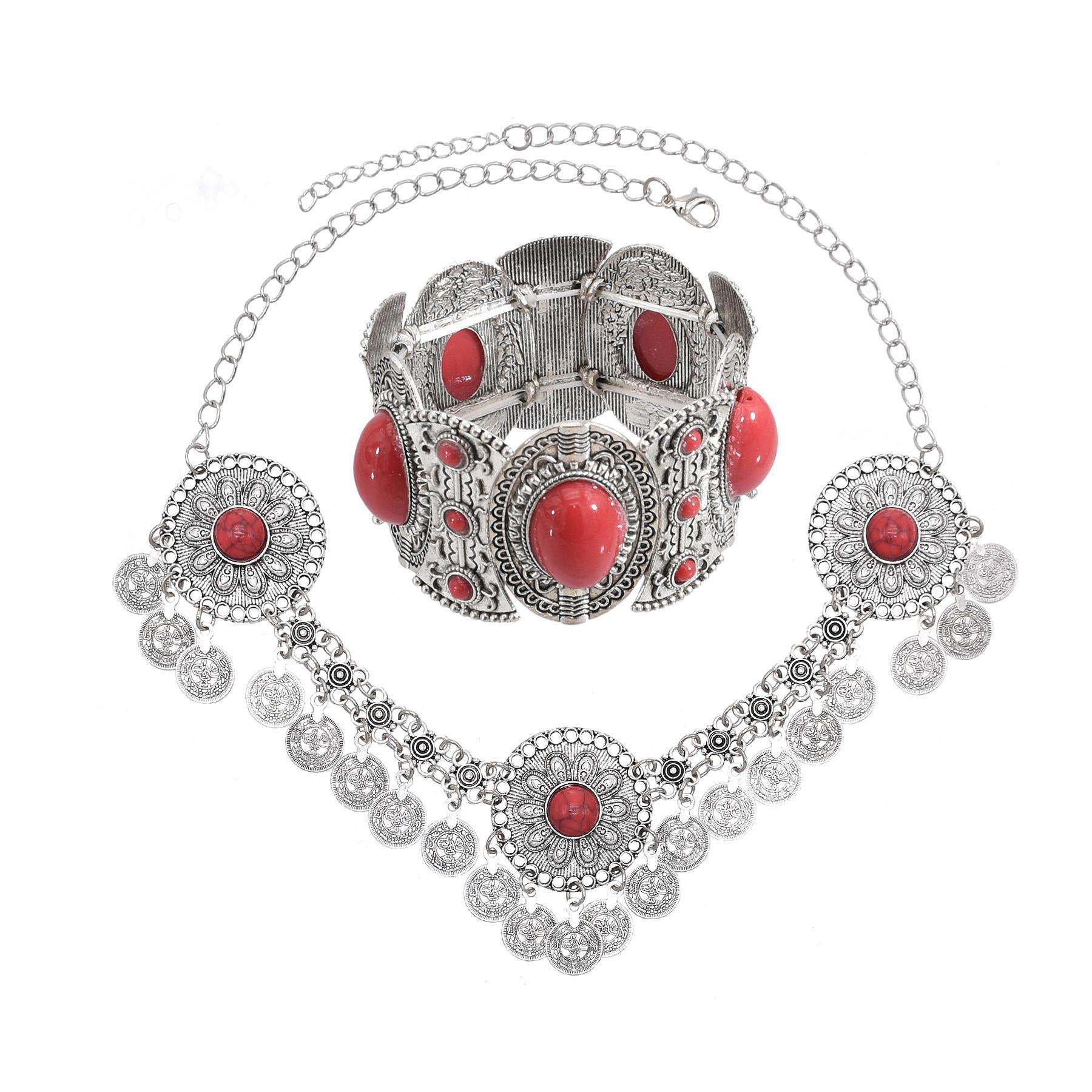 Traditional Kazakhstan Ethnic Coins Bracelet Hair Accessories  for Women Vintage Nepalese Tibetan Clothing Headwear Jewelry Set