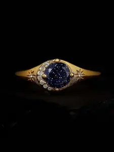 Vintage Golden Plated Starry Sky Blue Sandstone Ring for Women, Celestial Star Diamond Accent Engagement Ring, Gothic Victorian Statement Jewelry Gift Wedding Ceremonies, Fashionable Jewelry