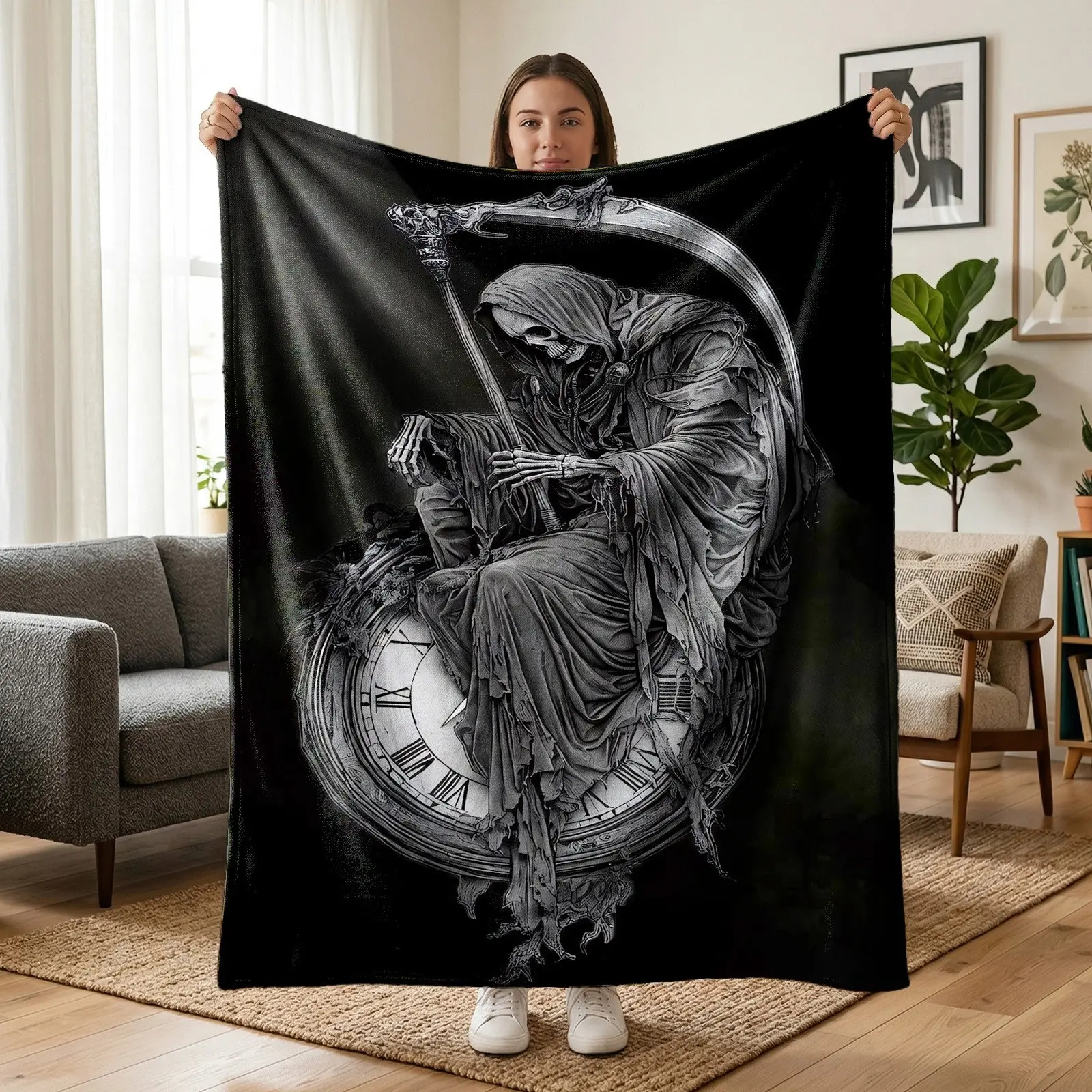 1pc Dark Grim Reaper Time Fleece Blanket, Grim Reaper with Scythe, Roman Numeral Clock, Black-Grey Smoke & Gothic Texture Print, Dark Gothic Style. Soft Warm Multi-use Throw for Sofa, Bed, Office, Camping, Perfect Gothic Culture Fan Gift.