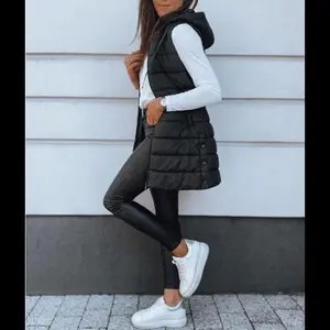 Women's long vest solid color sleeveless hood winter down vest outdoor casual lightweight