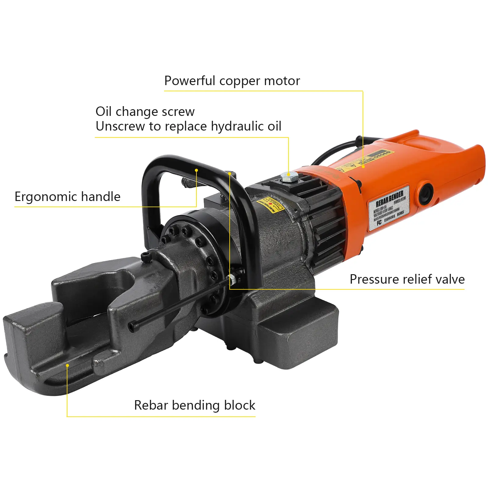Versatile Electric Hydraulic Steel Rod Bender - 1200W/900W 110V Handheld Tool - Bends Up to 7/8" (#7, 22mm) or 5/8" (#5, 16mm) Steel Rod - 0-130° Angle - Precision Pressure Relief Valve