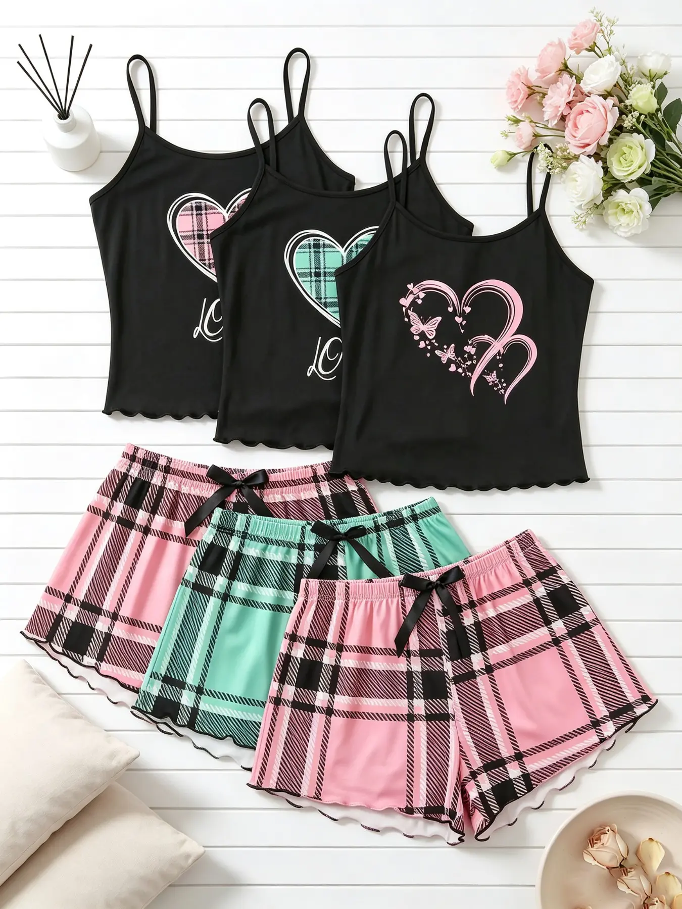 Women's Sleepwear 6 Pack Value Matching Set Plaid Heart Bow Butterfly Print Summer Spaghetti Strap Lettuce Ruffle Hem Contrast Trim Soft Breathable Lightweight Stretchy Cami Top Shorts Home Lounge Casual Daily Wear Multipack Sleep Set