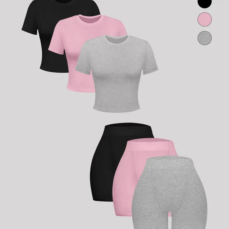 Women's Casual Basic Solid Short Sleeve Top & High Waist Shorts 6-Piece Set, Fashion Breathable Daily Outdoor Summer Wear Blouse Shorts Set