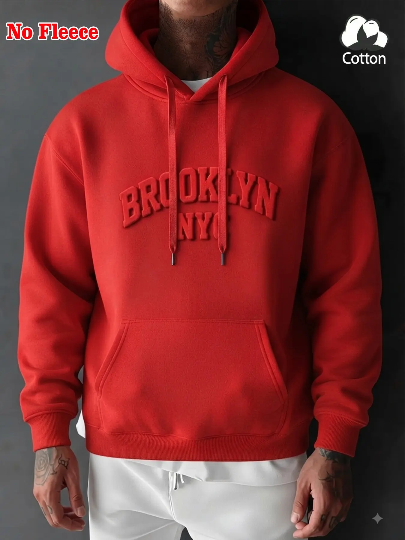 Men's Cotton Brooklyn Nyc Letter Embossed Hoodie, Casual Loose Fit Drawstring Sweatshirt, All Seasons Plain Surface Unlined Top
