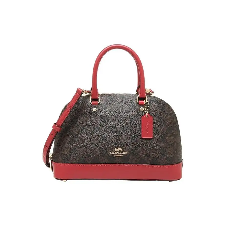 COACH Sierra 26 Classic Monogram Canvas and Leather Shell Handbag for Women, Large Size, Dark Brown with Red