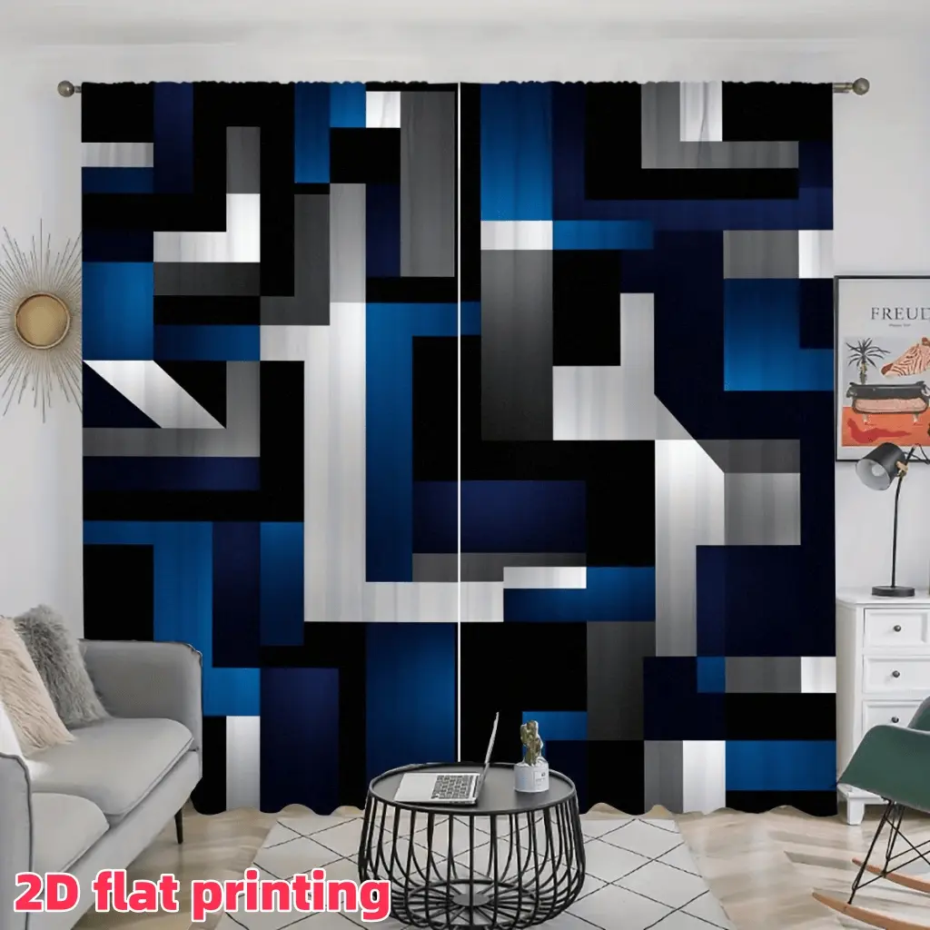2D Flat 2Pcs Geometric Abstraction Gradient Blue and Black Pattern Curtain Panels, Rod Pocket Style, Semi-Sunshade Privacy Enhancing Window Drapes for Living Room, Bedroom, Balcony, Office, Home Decor.
