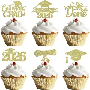 48Pcs Class of 2026 Graduation Cupcake Toppers Set, Complete Grad Cap & Diploma Cake Decorations for 2026 Graduation Party - Gold