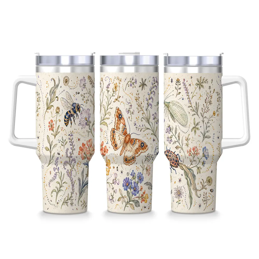 40oz Stylish Vintage Wildflower-Insect (Bee, Ladybug) Stainless Steel Insulated Travel Tumbler with Handle, Lid & Portable Floral Print Coffee Cup for Home Supplies Storage