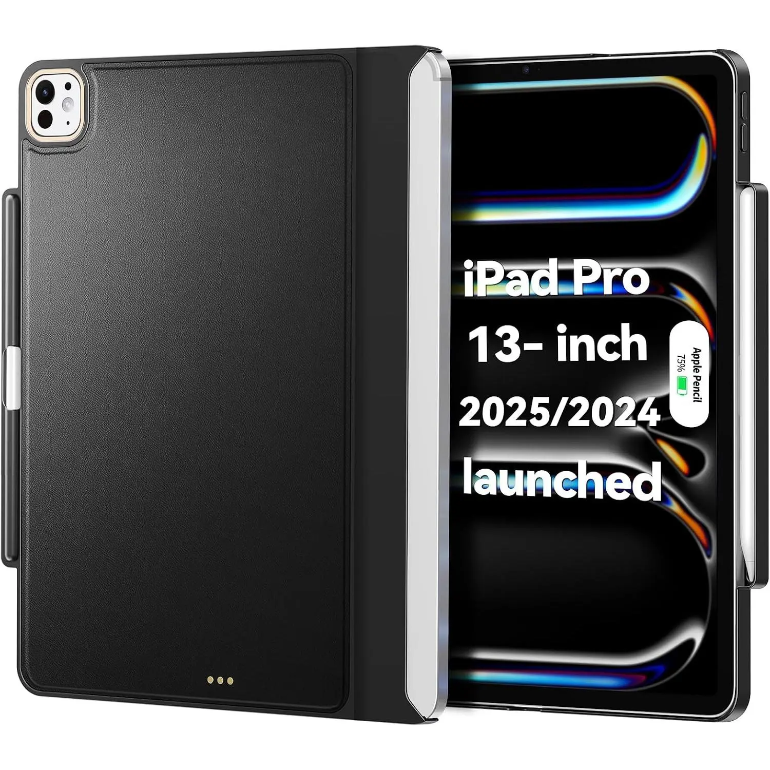Delicate Black Leather Slim Magic Keyboard Compatible Tablet Case with Pencil Holder & Pass-Through for iPad Pro 13in M4/M5 (2024/2025), Durable Tablet Accessories (Keyboard Not Included), Computer