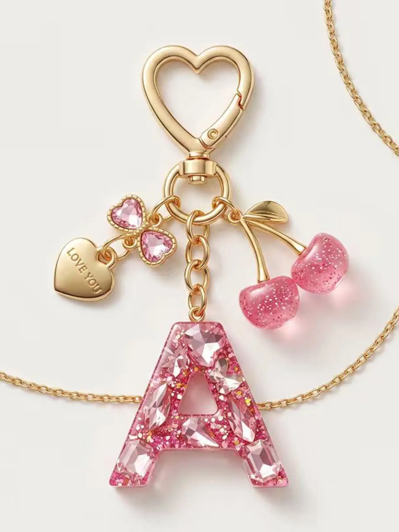 Cute A-Z Letter Keychain, Cherry Heart Rhinestone Pendant, Sparkly Resin Letter Bag Charm, Romantic Gift for Women and Girls