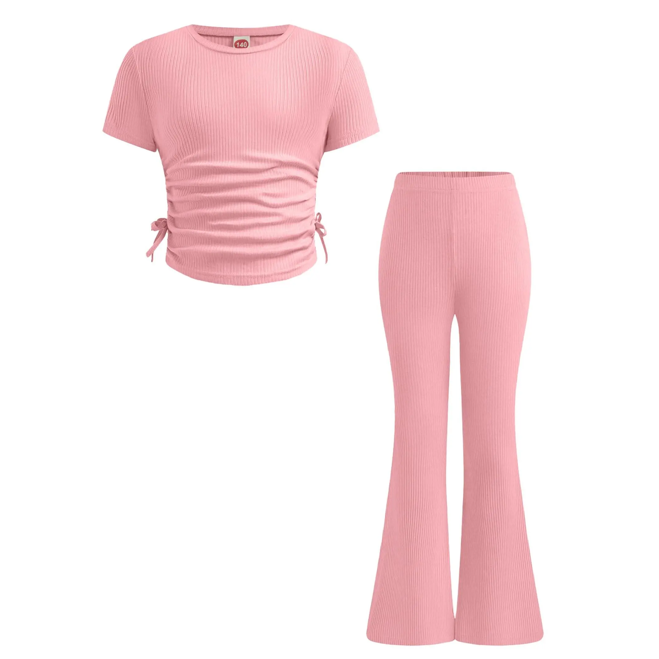 Girls' Ribbed Knit Outfits - Crewneck Ruched Side Short Sleeve Top and High Waisted Flare Leggings 2-Piece Summer Fall Clothes Set GSB