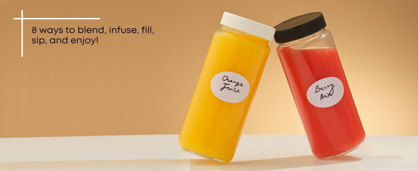 PLL Glass Juice Bottles, 16 oz Glass Bottles with Caps.Set of 8 Juice Containers with Lids for Fridge, and Labels for Juice Jars.Glasses for Juice, Cold Brew Bottles, Smoothie Jars
