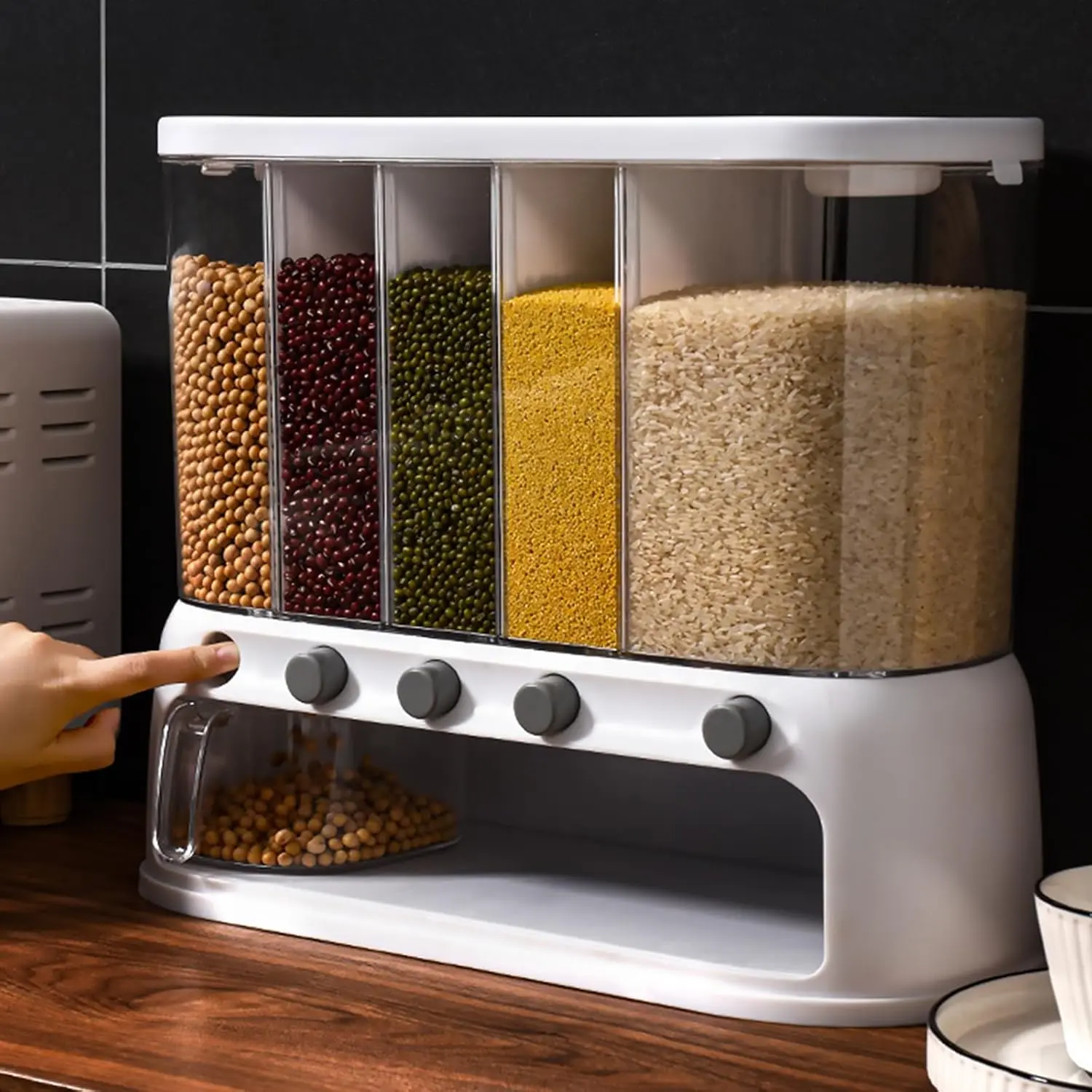 Dry Food Dispenser, Wall mounted 5 Grid Cereal Dispenser,Rice dispenser 25 pounds Kitchen Storage with Measuring Cup for Kitchen, Pantry, Restaurant & Bulk Food
