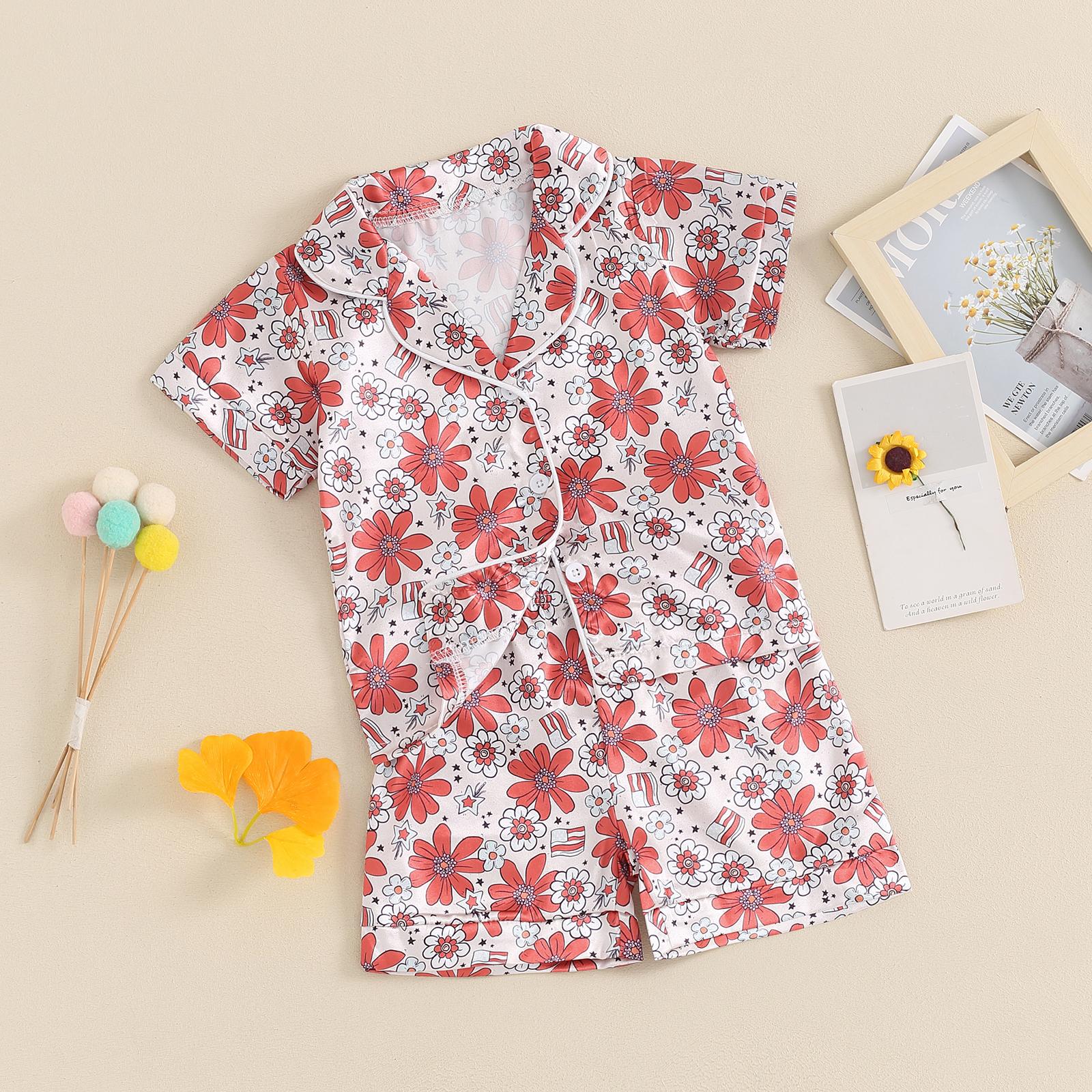 Toddler Baby Girls 4th of July Satin Pajama Set Short Sleeve Button Down Tops Shorts Toddler Independence Day Pajamas Set