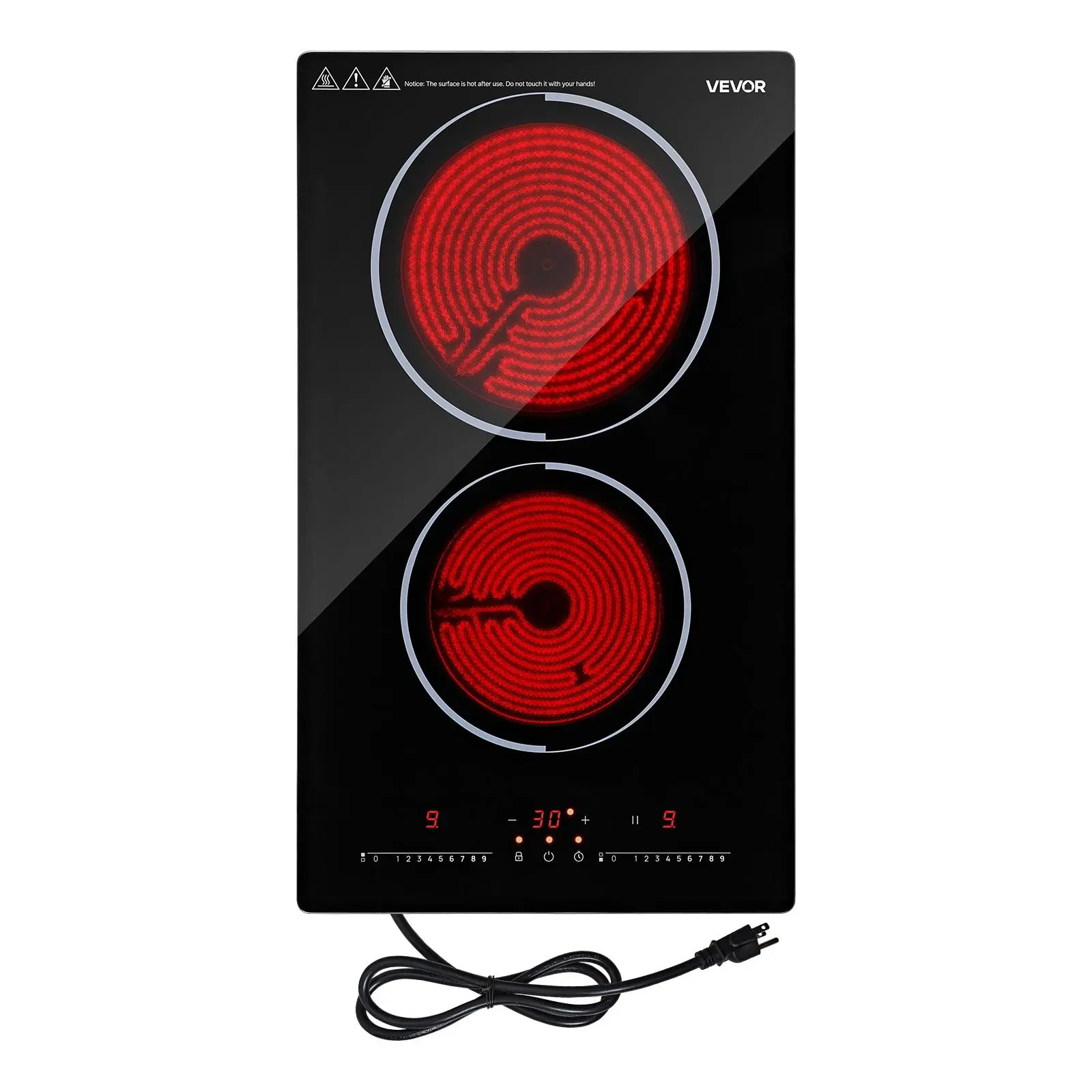 VEVOR 12 inch 2-Burner Portable Electric Cooktop (1800W, 120V, 1600 to 1999 W, 47.2 in, 9.3 lbs) - Ceramic Countertop/Built-in Radiant Stove with Touch Control, 9 Power Levels, Timer, Child Lock, Over-Heat Guard