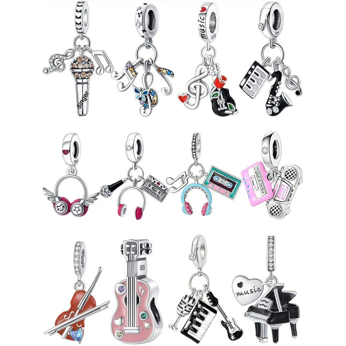 Music Festival Silver Plated Charm Note Microphone Headphone Piano Love Music Series Beads Charm Pendant Ball Suitable For Bracelets DIY Women's Jewelry