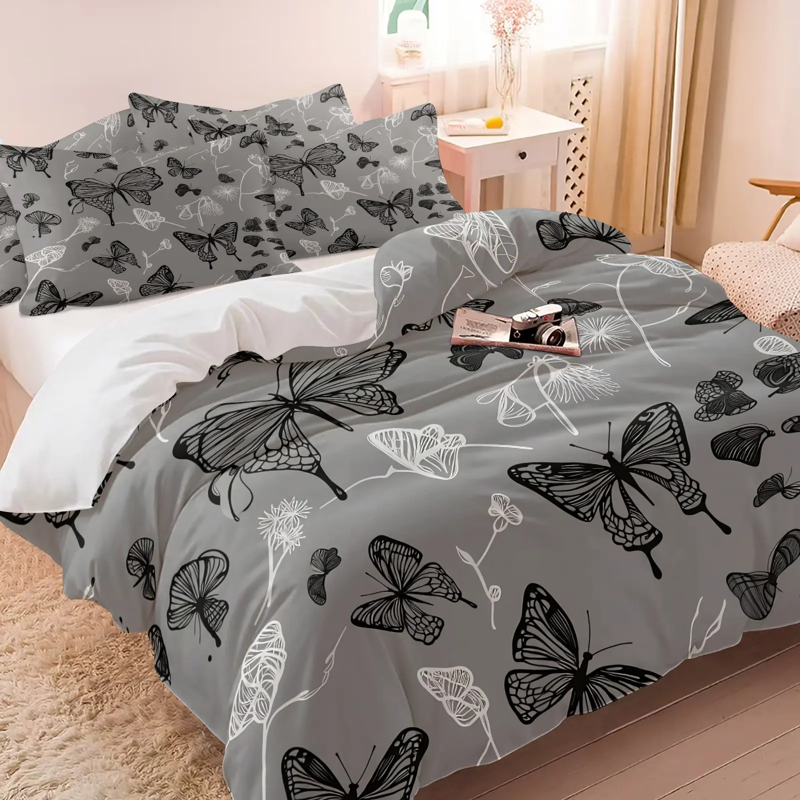 Grey Background Black White Line Art Butterfly Duvet Cover Set, 1 Duvet Cover + 1/2 Pillowcases, No Core, Minimalist Aesthetic Butterfly Bedding, Soft, Comfortable & Breathable, All Seasons Available, Neutral Bedroom Decor