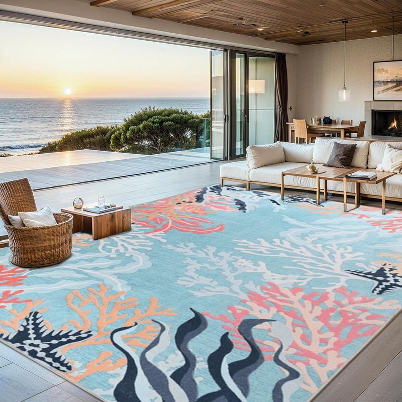 6x9 Feet Washable Ocean Coral Reef Themed Area Rug, Modern Soft Faux Wool Non-Slip & Easy to Clean Carpet, Decorative Rug for Living Room, Bedroom, Hallway, Porch, Patio, Home Decoration,Blue, Beige,4x6,5x8,6x9 Feet
